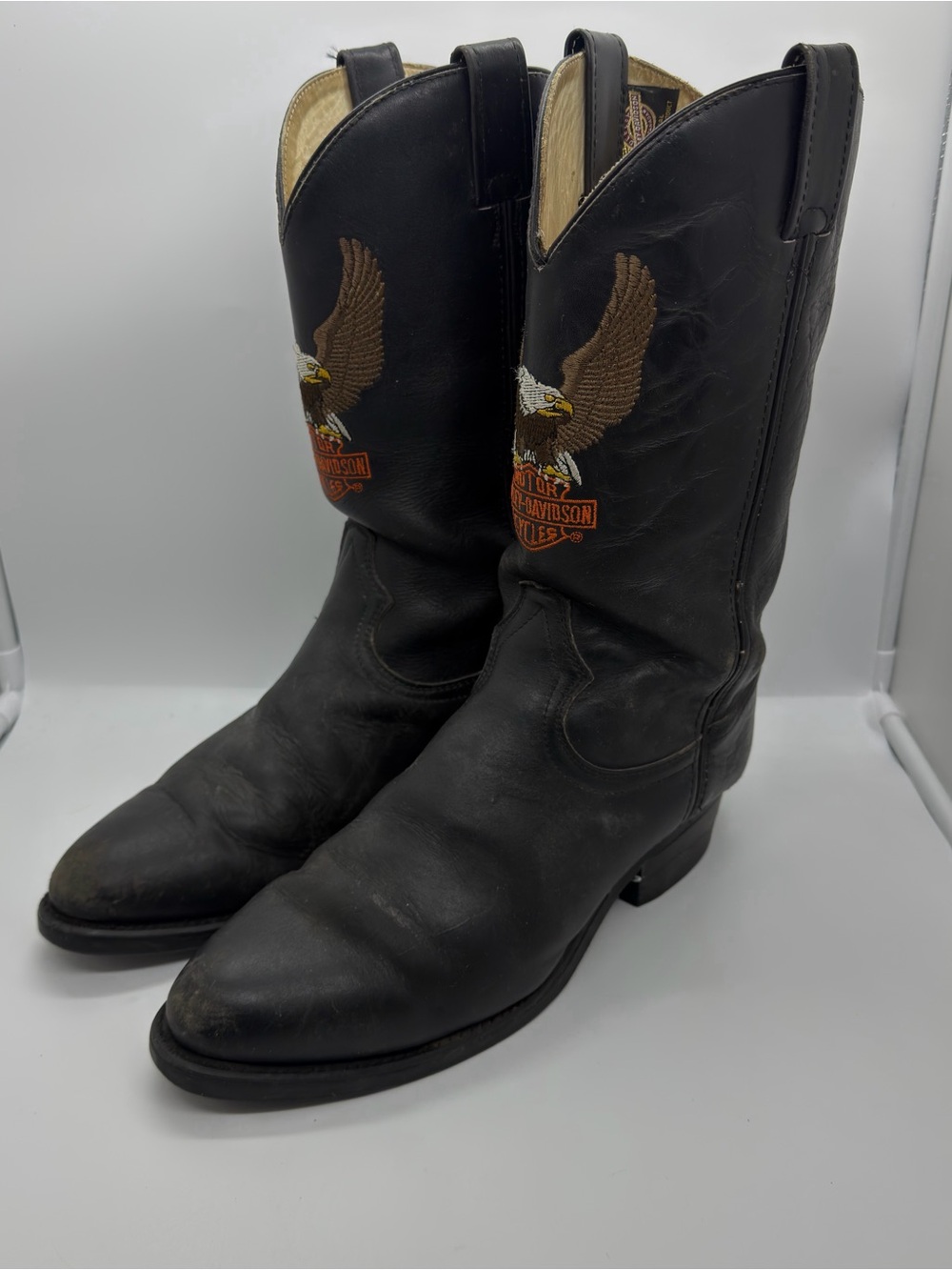 Harley-Davidson Black Leather Cowboy Boots Embroidered Eagle Men's Size 7.5 🦅